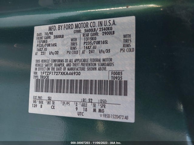 1999 FORD F-150 WORK SERIES/XL/XLT VIN: 1FTZF1727XKA46930