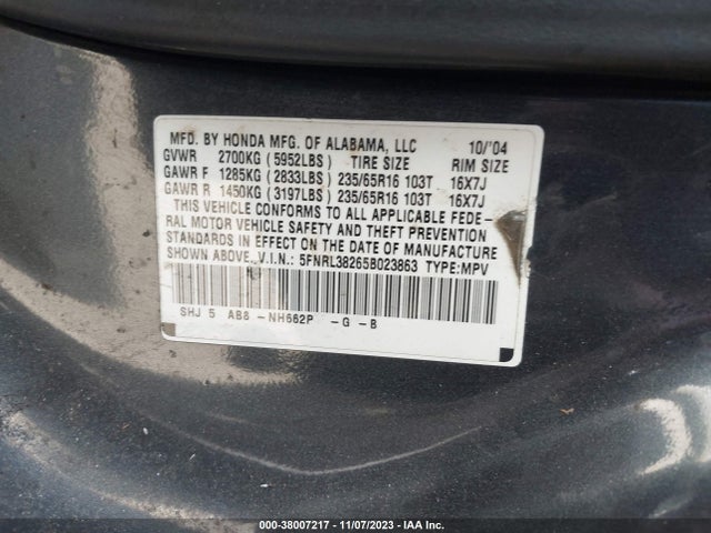 2005 HONDA ODYSSEY LX VIN: 5FNRL38265B023863