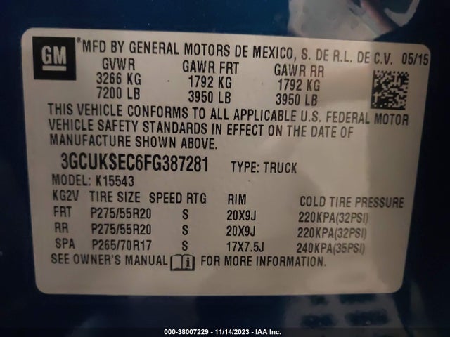 2015 CHEVROLET SILVERADO 1500 1LZ VIN: 3GCUKSEC6FG387281