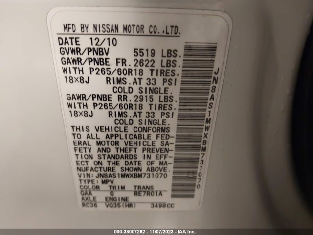 2011 INFINITI FX35 VIN: JN8AS1MWXBM731070
