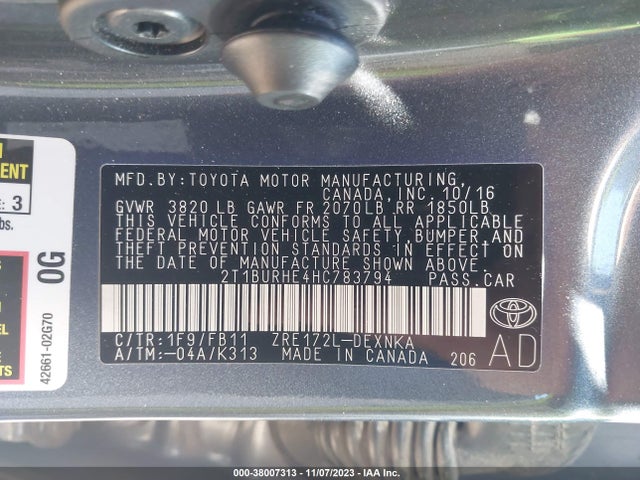 2017 TOYOTA COROLLA LE VIN: 2T1BURHE4HC783794