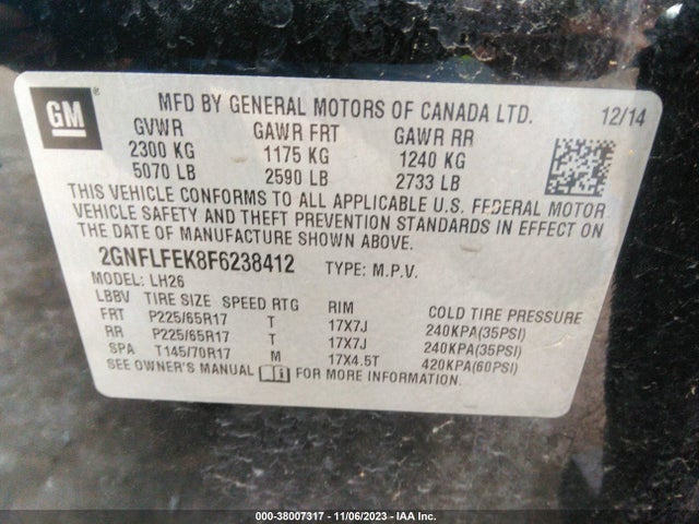 Chevrolet EQUINOX 1LT 2015 2GNFLFEK8F6238412 Image 9