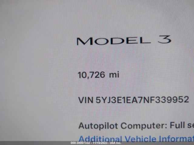 5YJ3E1EA7NF339952 Tesla Model 3 Rear-wheel Drive