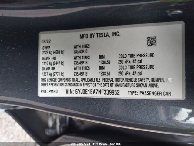 5YJ3E1EA7NF339952 Tesla Model 3 Rear-wheel Drive