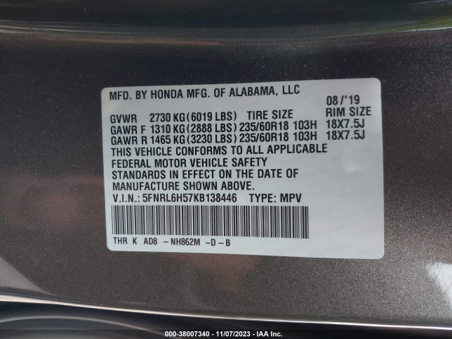 Honda ODYSSEY EX 2019 5FNRL6H57KB138446 Image 9