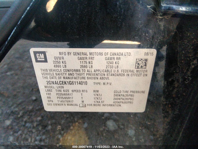 Chevrolet EQUINOX LT 2016 2GNALCEK1G6114010 Image 9