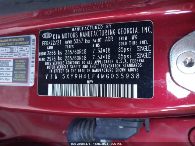 2021 KIA SORENTO 5XYRH4LF4MG035938 Photo 8
