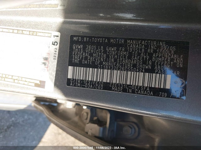 2006 TOYOTA COROLLA XRS VIN: 2T1BY32E26C550424