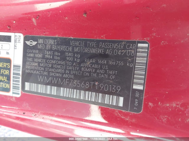 2008 MINI COOPER S WMWMF73568TT90139 Photo 8