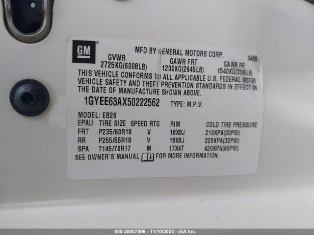 2005 CADILLAC SRX V8 VIN: 1GYEE63AX50222562