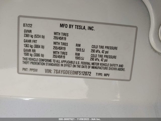 7SAYGDEE0NF512072 Tesla Model Y Long Range Dual Motor All-wheel Drive