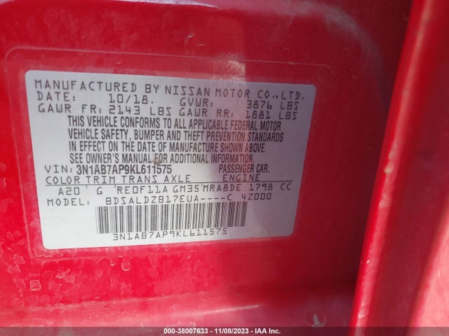 2019 NISSAN SENTRA SV VIN: 3N1AB7AP9KL611575