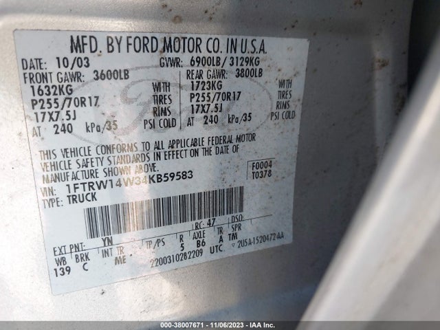 2004 FORD F-150 XLT VIN: 1FTRW14W34KB59583