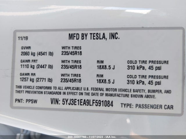 5YJ3E1EA9LF591084 Tesla Model 3 Standard Range Plus Rear-wheel Drive/standard Range Rear-wheel Drive