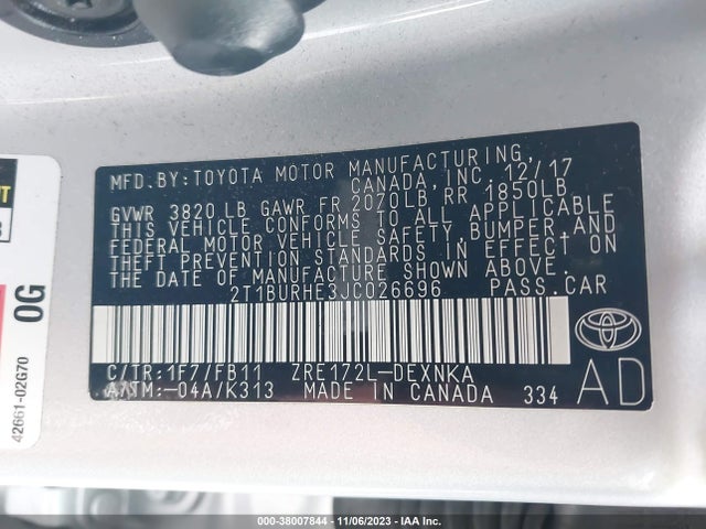 2018 TOYOTA COROLLA L/LE/XLE/SE/XSE VIN: 2T1BURHE3JC026696