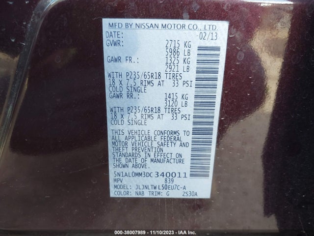 2013 INFINITI JX35 VIN: 5N1AL0MM3DC340011