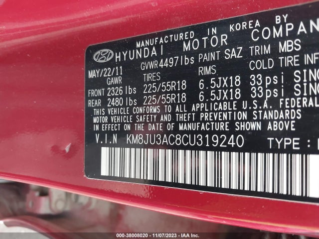 2012 HYUNDAI TUCSON LIMITED VIN: KM8JU3AC8CU319240