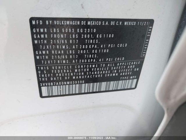 2022 VOLKSWAGEN TIGUAN 3VV0B7AX0NM039398 Photo 8