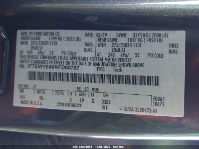 1FTEW1E49KFD00707 Ford F-150 Platinum