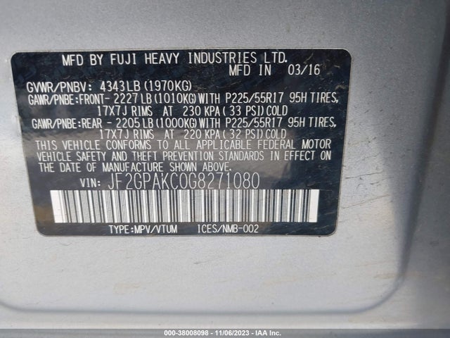 JF2GPAKC0G8271080 Subaru naturally aspirated