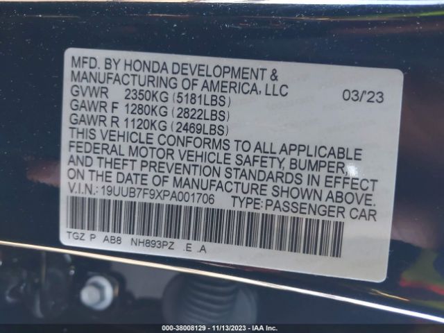 19UUB7F9XPA001706 Acura Tlx Type S W/performance Tire