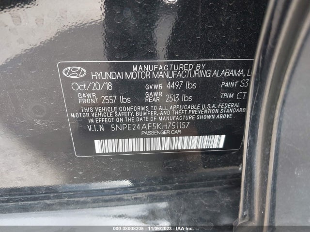 2019 HYUNDAI SONATA SE VIN: 5NPE24AF5KH751157