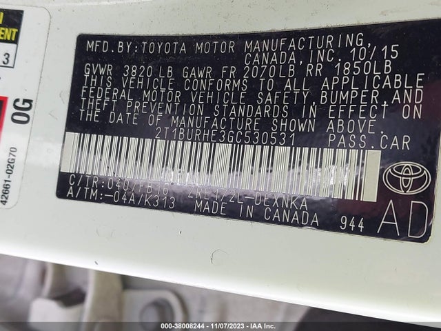 2016 TOYOTA COROLLA LE VIN: 2T1BURHE3GC530531