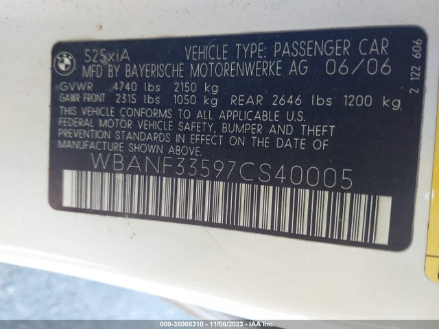 2007 BMW 525XI VIN: WBANF33597CS40005