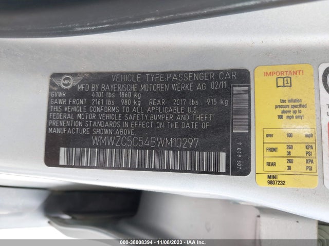 2011 MINI COOPER S COUNTRYMAN WMWZC5C54BWM10297 Photo 8