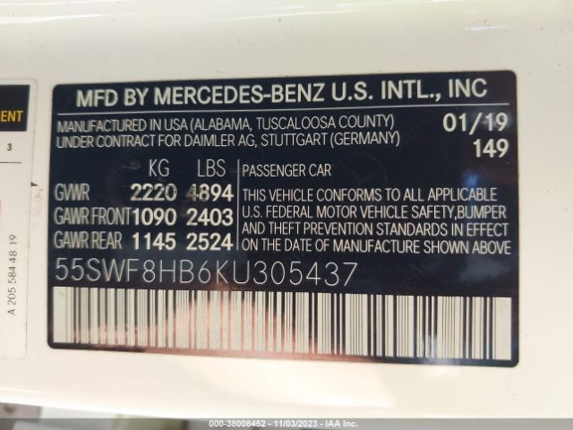 55SWF8HB6KU305437 Mercedes-Benz C-class Amg C 63 S