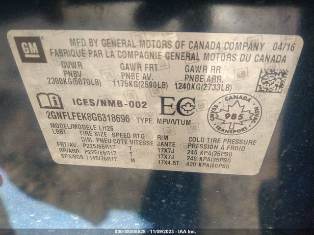 Chevrolet EQUINOX LT 2016 2GNFLFEK8G6318696 Image 9