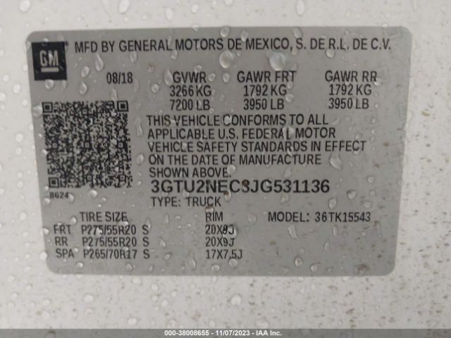 3GTU2NEC3JG531136 GMC Sierra 1500 Slt