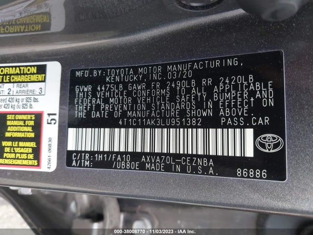 Toyota CAMRY LE 2020 4T1C11AK3LU951382 Image 9