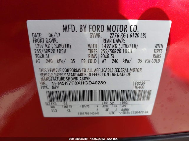 2017 FORD EXPLORER LIMITED VIN: 1FM5K7F8XHGD40289