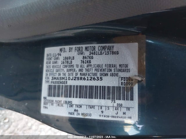 1995 MERCURY TRACER TRIO VIN: 3MASM10J2SR612635