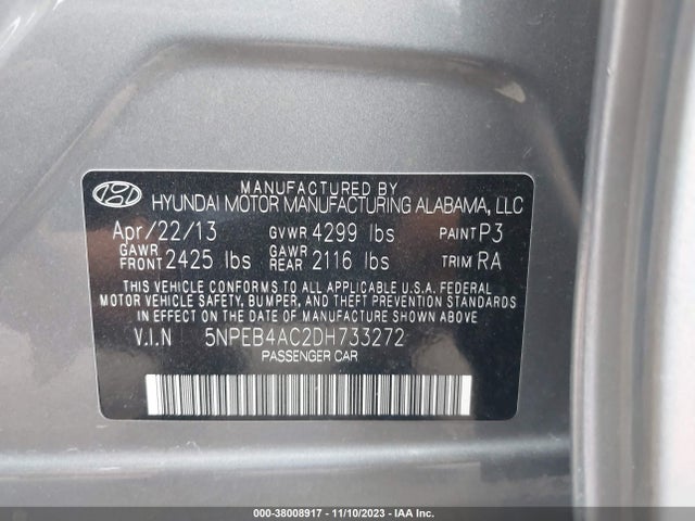 2013 HYUNDAI SONATA GLS VIN: 5NPEB4AC2DH733272