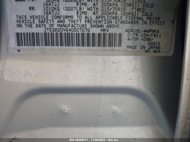 2004 TOYOTA RAV4 VIN: JTEGD20V640007076