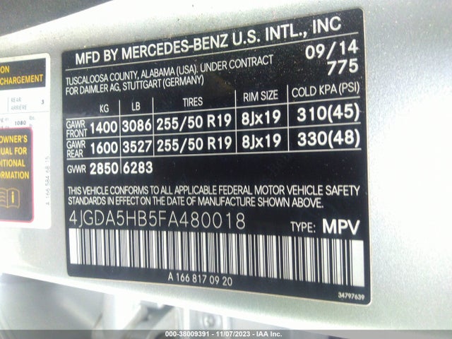 2015 MERCEDES-BENZ ML 350 4MATIC VIN: 4JGDA5HB5FA480018