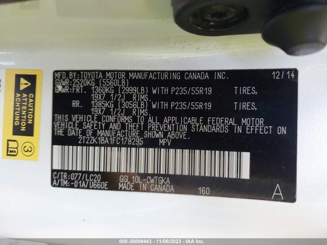 2T2ZK1BA1FC178295 Lexus RX 350