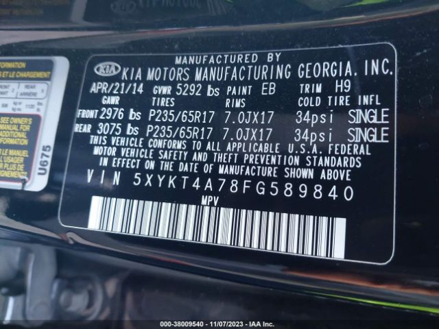 5XYKT4A78FG589840 KIA Sorento Lx V6