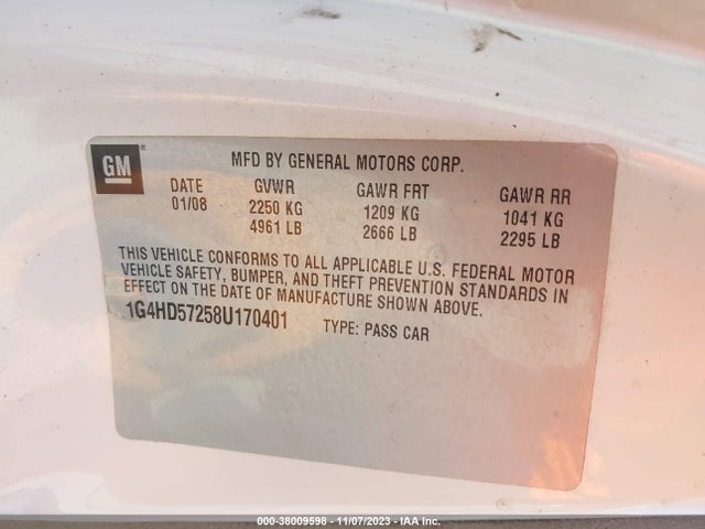 2008 BUICK LUCERNE CXL VIN: 1G4HD57258U170401