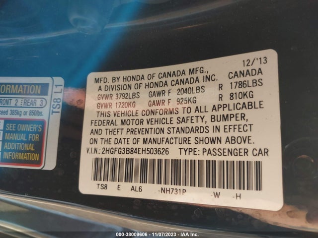 Honda CIVIC EX 2014 2HGFG3B84EH503626 Image 9