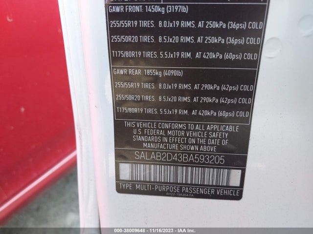 2011 LAND ROVER LR4 VIN: SALAB2D43BA593205