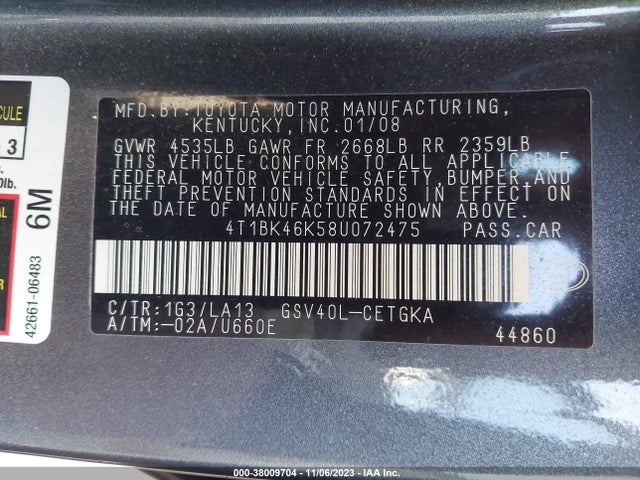 2008 TOYOTA CAMRY XLE V6 VIN: 4T1BK46K58U072475