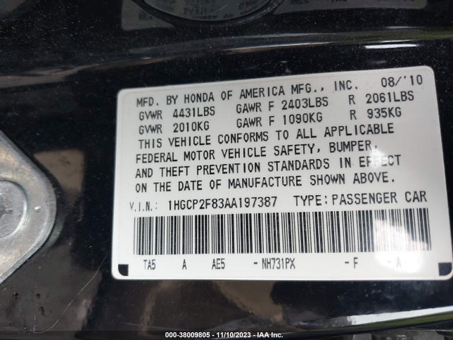 2010 HONDA ACCORD SDN EX-L VIN: 1HGCP2F83AA197387