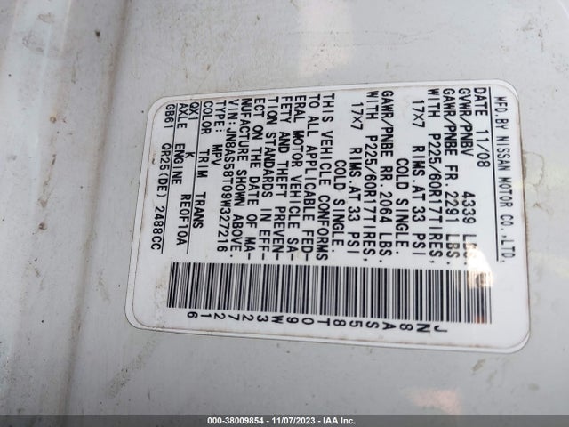 2009 NISSAN ROGUE SL VIN: JN8AS58T09W327216