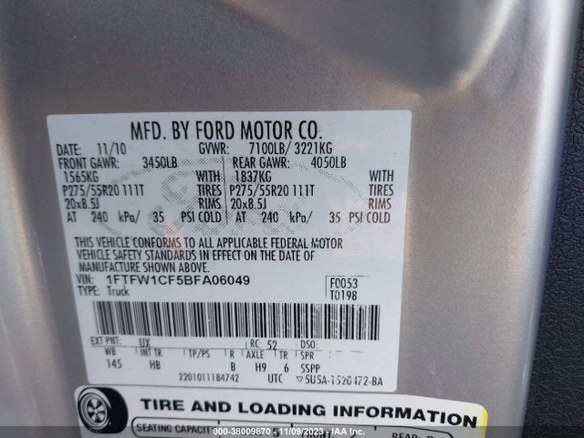 2011 FORD F-150 LARIAT VIN: 1FTFW1CF5BFA06049