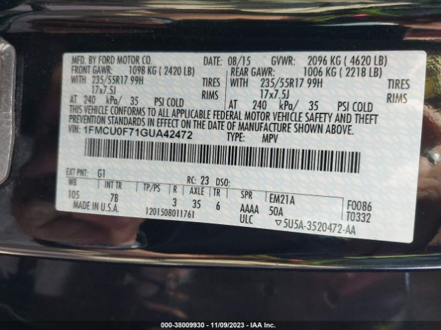 1FMCU0F71GUA42472 Ford ESCAPE S