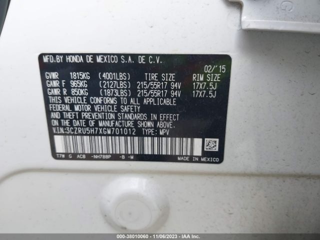 3CZRU5H7XGM701012 Honda Hr-v Ex-l