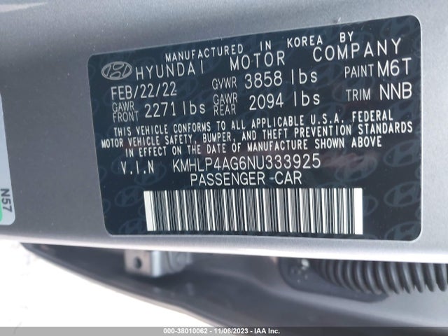 2022 HYUNDAI ELANTRA LIMITED VIN: KMHLP4AG6NU333925